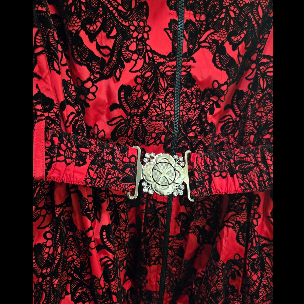 Jerry T Red Black Damask Floral Pattern Belted Tunic Dress Size Medium NWT - Picture 5 of 11